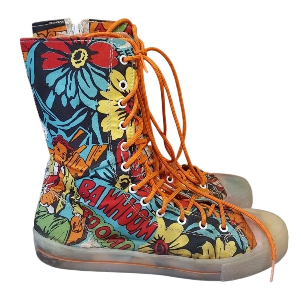 Flawed Gem! Comic Book Floral Pop Art‎ High Top Sneaker Multicolor Zip Up Sz 8.5